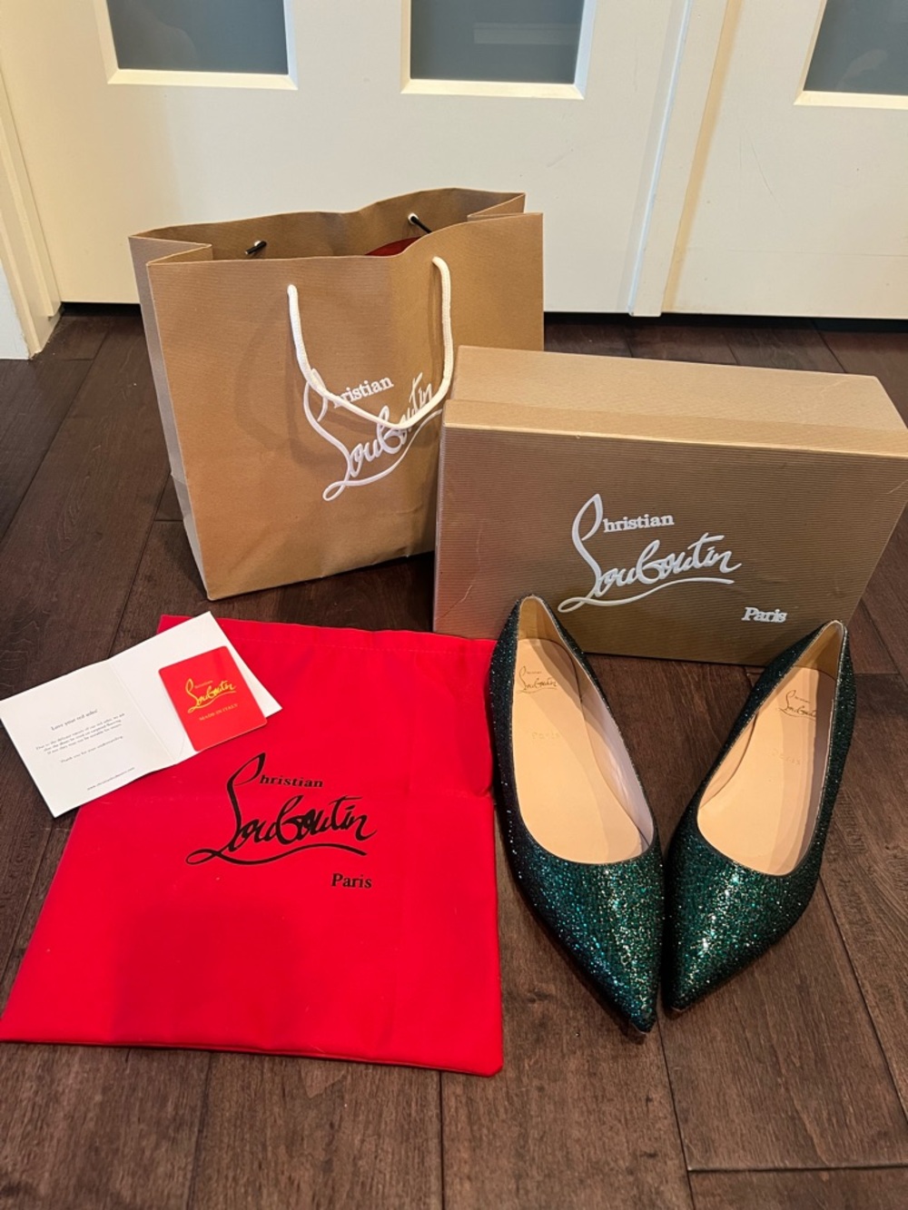 Christian Louboutin Green Glitter Pointed-Toe Flats with Red Dust Bag, box & bag